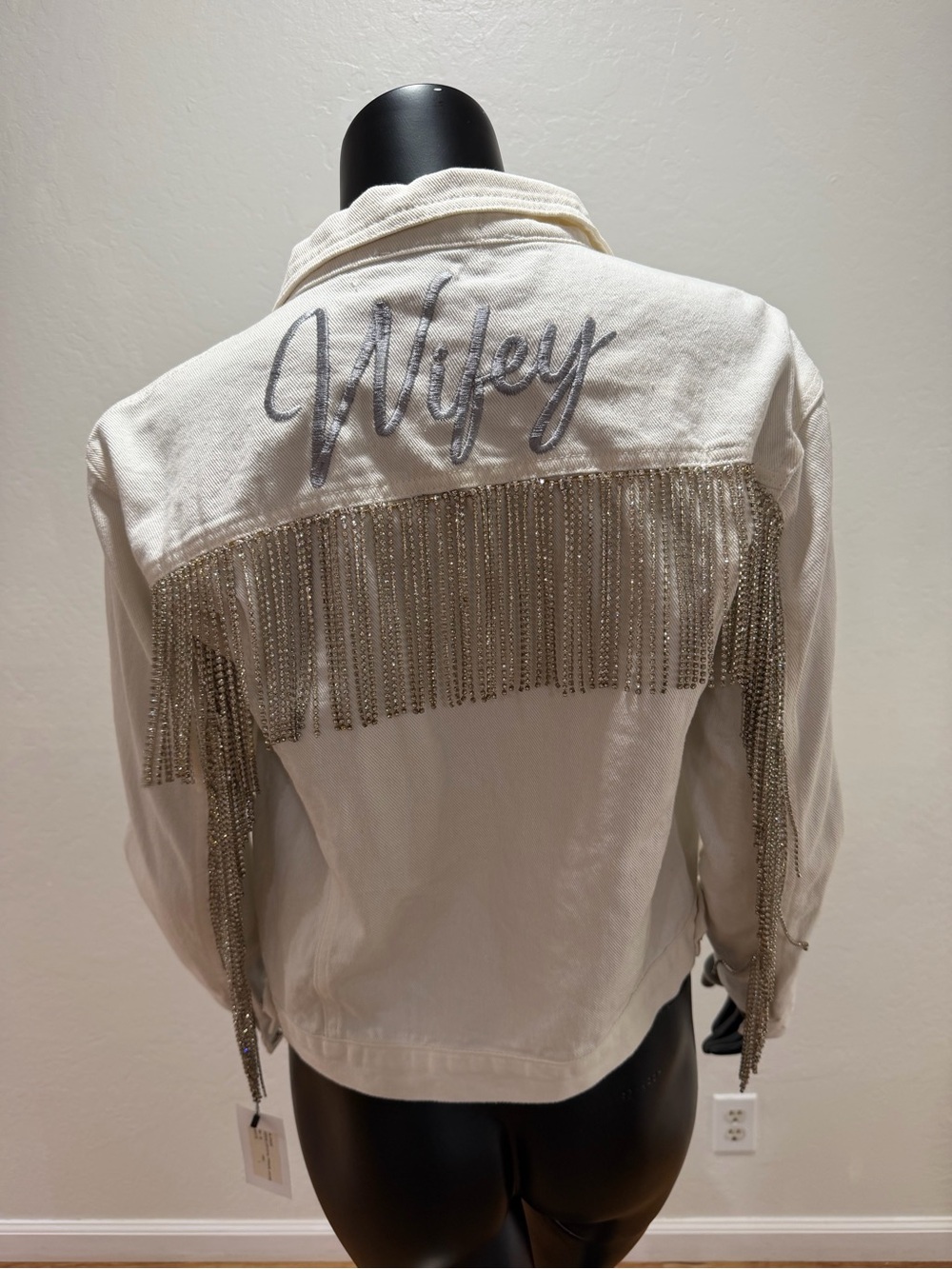 Heirloom Bridal Wifey Crystal Fringe Denim Jacket NWT